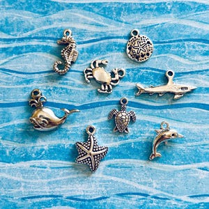 Sea Life Charm Assortment (mix of 8 Charms) Sea Turtle Charms, Sand Dollar Charms, Crab Charms, Shark Charms