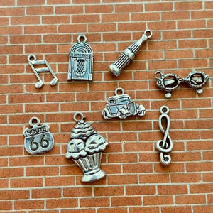 50’s Diner Charms (8 Charms) Juke Box Charms, Hot Rod Charms