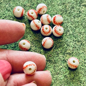 8mm Ceramic Baseball Beads (12) White Baseball Beads