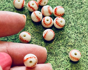 8mm Ceramic Baseball Beads (12) White Baseball Beads