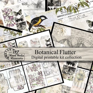 Printable Digital Botanical Flutter Scrapbook Junk Journal Mixed Media Collage Kit Bundle Ephemera