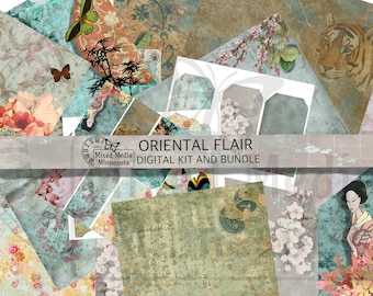 Printable Digital Oriental Flair Scrapbook Junk Journal Mixed Media Collage Kit Bundle Ephemera