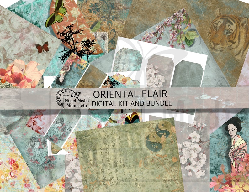 Printable Digital Oriental Flair Scrapbook Junk Journal Mixed Media Collage Kit Bundle Ephemera image 1