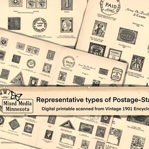 May include: A collection of vintage postage stamps from a 1901 encyclopedia. The stamps feature various designs, including portraits, flags, and geometric patterns. The text "Representative types of Postage-Stamps" is printed at the top of the page.