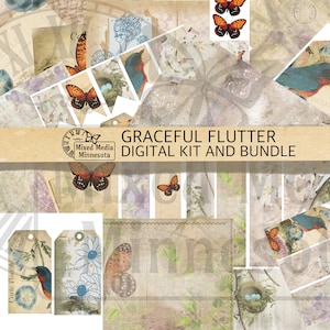 Imprimable Digital Graceful Flutter Scrapbook Junk Journal Mixed Media Collage Kit Bundle Ephemera