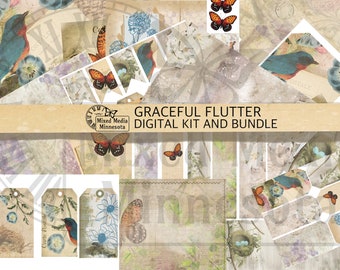 Printable Digital Graceful Flutter Scrapbook Junk Journal Mixed Media Collage Kit Bundle Ephemera