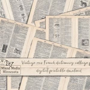 Vintage French Dictionary for collage, junk journal digital printable pages