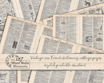 Vintage French Dictionary for collage, junk journal digital printable pages