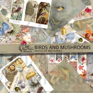 Scrapbook digitale stampabile con uccelli e funghi, diario spazzatura, kit di collage con supporti misti, bundle Ephemera