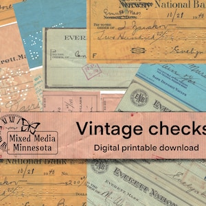 Vintage canceled checks for collage, junk journal digital printable pages