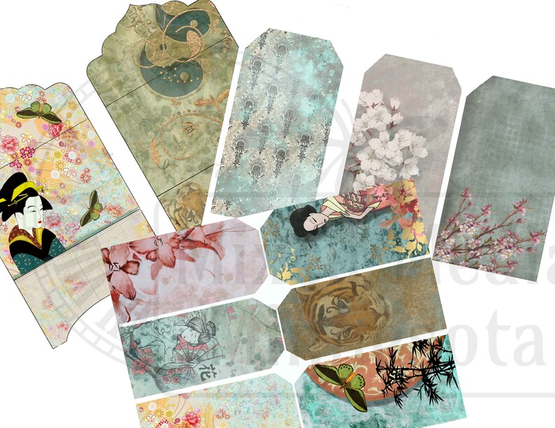 Printable Digital Oriental Flair Scrapbook Junk Journal Mixed Media Collage Kit Bundle Ephemera image 5