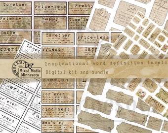 May include: A digital kit and bundle of vintage-style word definition labels with a distressed, aged paper background. The labels feature words like "Together", "Friend", "Cherish", "For'ever", "Kind-ness", and "Mem'ory" with their definitions. The kit is perfect for scrapbooking, card making, and other craft projects.