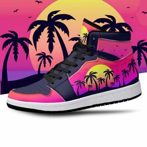 Chaussures montantes haut de gamme coucher de soleil tropical, été tropical, coucher de soleil californien, chaussures ombrées, palmiers coucher de soleil tropical
