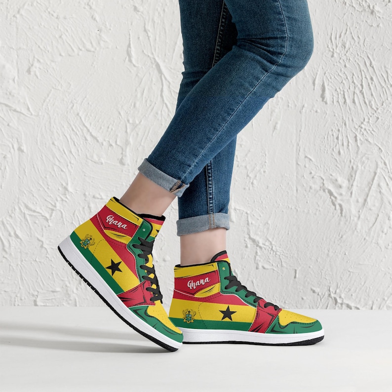 Zapatillas altas con la bandera de Ghana, bandera nacional, bandera africana, zapatos de África, Ghana, zapatillas altas premium con la bandera de Ghana imagen 3