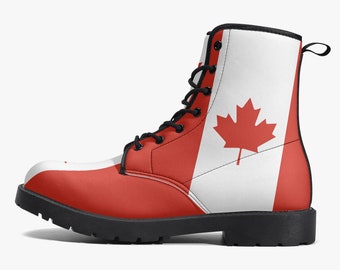 Laarzen met Canadese vlag, nationale vlag, Canadese vlag, kunstleren laarzen, schoenen met Canadese vlag, premium outdoorlaarzen met Canadese vlag