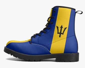 Stiefel mit Barbados-Flagge, Nationalflagge, Barbados-Flagge, Kunstlederstiefel, Schuhe mit Barbados-Flagge, Premium-Outdoor-Stiefel mit Barbados-Flagge