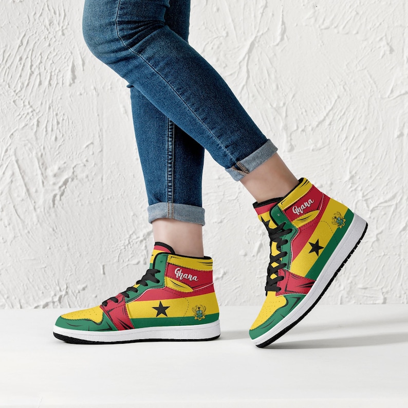 Zapatillas altas con la bandera de Ghana, bandera nacional, bandera africana, zapatos de África, Ghana, zapatillas altas premium con la bandera de Ghana imagen 2