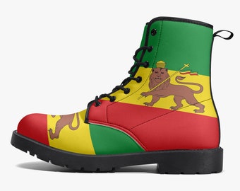 Rastafari Löwe von Jehudah Stiefel, Nationalflagge, Rasta Löwe von Jehuda Flagge, Kunstlederstiefel, Rastafari Flagge Premium Outdoor Boots