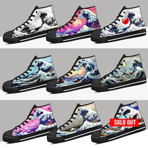 The Great Wave Off Kanagawa Canvas Shoes, Ukiyo-e, Katsushika Hokusai, Mens shoes, Womens shoes, Japanese Style Premium High Top Shoes