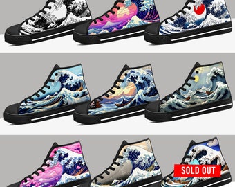 The Great Wave Off Kanagawa Canvas Shoes, Ukiyo-e, Katsushika Hokusai, Mens shoes, Womens shoes, Japanese Style Premium High Top Shoes