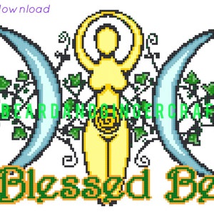 May include: A yellow stylized figure of a woman with raised arms, standing between two blue crescent moons. The figure is surrounded by green ivy vines. The text "Blessed Be" is written in green and gold letters below the figure.