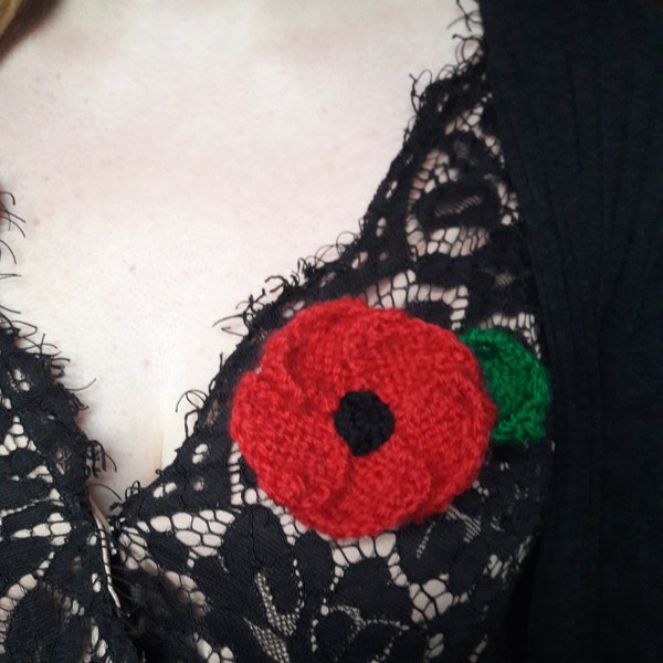 Handmade Knitted Red Poppy Remembrance Day Brooch