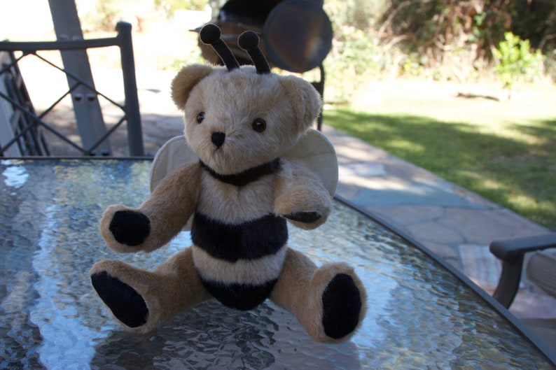 Jointed Handmade Teddy Bear Plush Bee with Felt Wing Brown and black color