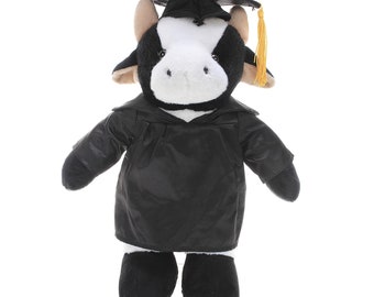 Peluche vache de remise des diplômes de 30 cm pour le jour de la remise des diplômes, texte personnalisé, nom ou logo de votre école sur la robe