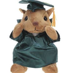 12 Inch Graduation Squirrel Stuffed Animal Toys for Graduation Day, Personalized Text, Name or Your School Logo on Gown Forest Green