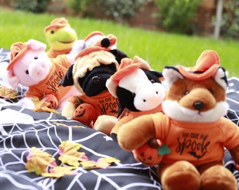 Halloween Floppy stuffed animal plush toy,cow,fox,frog, koala,panda,pig,pug customization shirt option front and back 12"