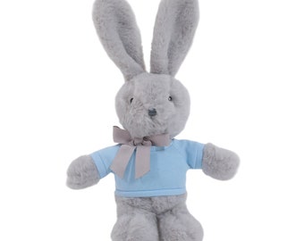 Long Ear Easter Gray Bunny Stuffed Animal Soft Lovely Realistic Plush Toys Personalized Basket Gift - Custom Text on Shirt 9 Inches