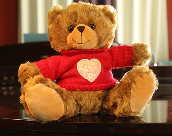 Soft Mocha Valentine Day Teddy Bear Wearing Sweater with Love Heart, Stuffed Animal Plush Toys Embroidery 12 Inches