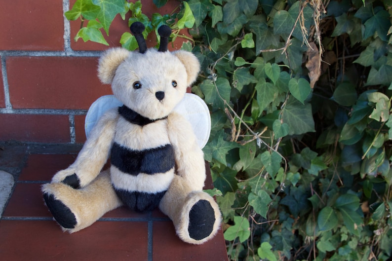 Jointed Handmade Teddy Bear Plush Bee with Felt Wing Brown and black color