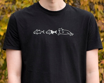 Cat vs Fish - Adult Unisex Black and White T-shirt