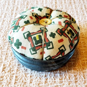 Handmade Polyester and Steel Wool Filled Metal Canning Lid Base Vintage Feed Sack Material Rustic Farmhouse 3&quot; Pin Cushion