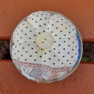 Handmade Polyester and Steel Wool Filled Zinc  Canning Lid Base Vintage Quilt Material Rustic Farmhouse Pin Cushion