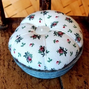 Handmade Polyester and Steel Wool Filled Metal Canning Lid Base Vintage Feed Sack Material Rustic Farmhouse 3&quot; Pin Cushion