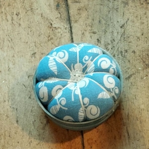 Handmade Polyester and Steel Wool Filled Metal Canning Lid Base Vintage Feed Sack Material Rustic Farmhouse 3&quot; Pin Cushion