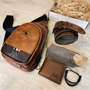 Personalisiertes Herren-Set (Leder-Umhängetasche, Brieftasche, Gürtel, Armband, Socke) / Geschenkset für Ihn / Dankesgeschenk