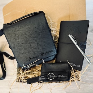Personalisiertes Luxus-Geschenk für Ihn / Business-Geschenk / Vegane Ledertasche + Geldbörse + Journal + Stift + Schlüsselanhänger / Geburtstagsgeschenk-Set