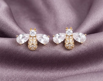 Bee Stud Earrings, Crystal Insect Earrings, Gold Dainty Nature Inspired Jewelry Gift