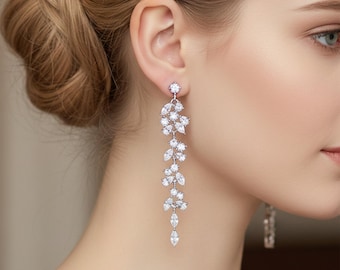 Long Leaf Crystal Drop Earrings Bridal Wedding Jewelry Statement Earrings