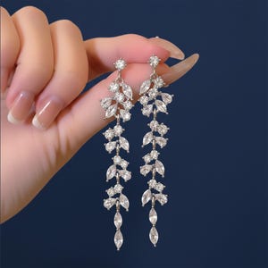 Lange Blatt-Kristalltropfen-Ohrringe Braut Hochzeit Schmuck Statement Ohrringe