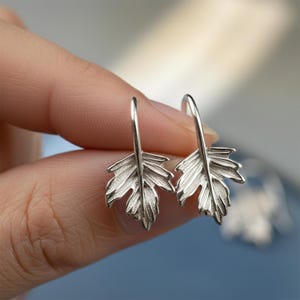 May include: A pair of silver leaf earrings. Each earring has a detailed, three-dimensional leaf design with a curved hook. The leaves have intricate veining and a textured surface, creating a realistic appearance. The earrings are shown against a blurred background.