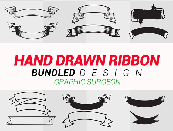 Download Vintage Hand Drawn Ribbon Vector Svg Clipart Sillhouette Etsy