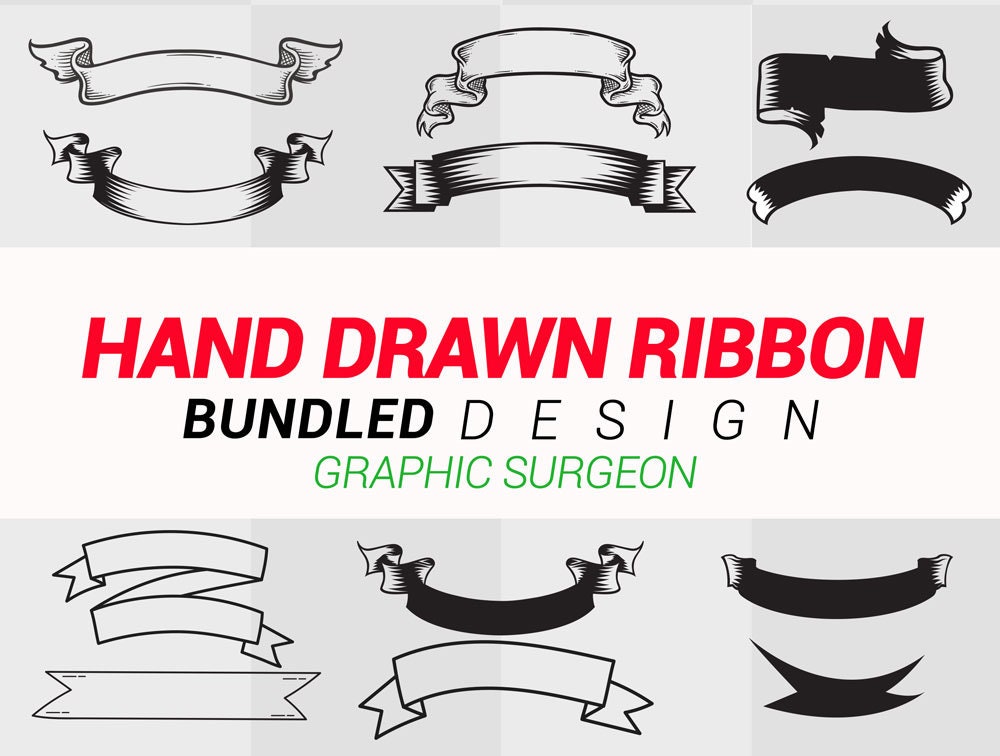 Download Vintage Hand Drawn Ribbon Vector Svg Clipart Sillhouette Etsy