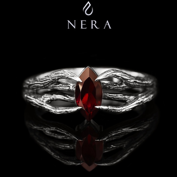 Granat Zweig Ring: Sterling Silber Blatt und Reben Schmuck