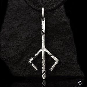 Op de afbeelding: Een zilveren ketting met een hanger met een gestileerd symbool met een textuur. De hanger hangt aan een zwart koord.