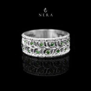 Many stones, branch ring, leaf ring, band ring, leaves ring, olive branch leaf ring, twisted ring, green stone ring, wide ring, silver ring