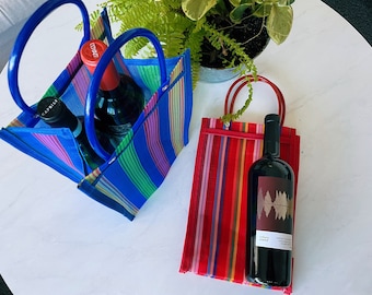 3 Wine Bottles Mexican Plastic Tote 12x8 in | gift wrap | party favor | gift bag | valentines gift bag | reusable bag | wine bag | creative